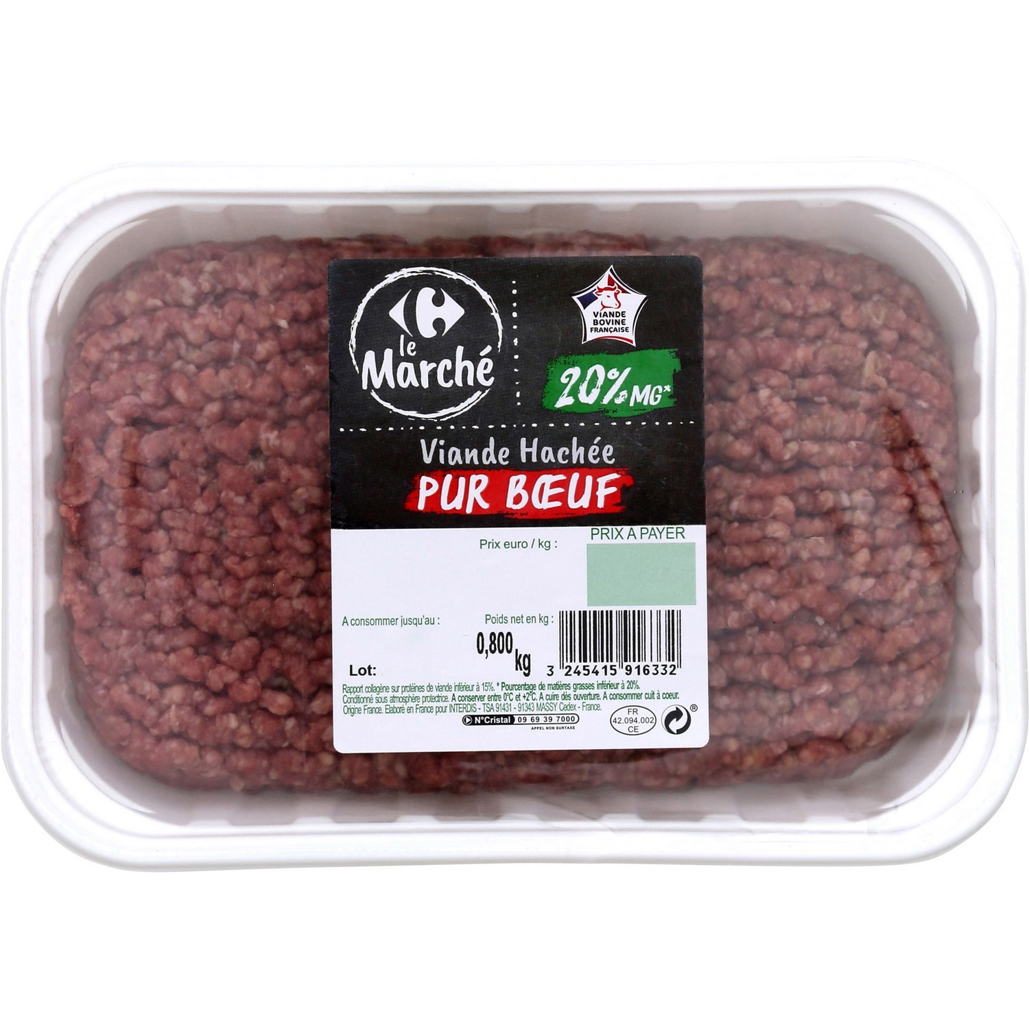 Viande hachée pur boeuf 20% MG CARREFOUR LE MARCHE