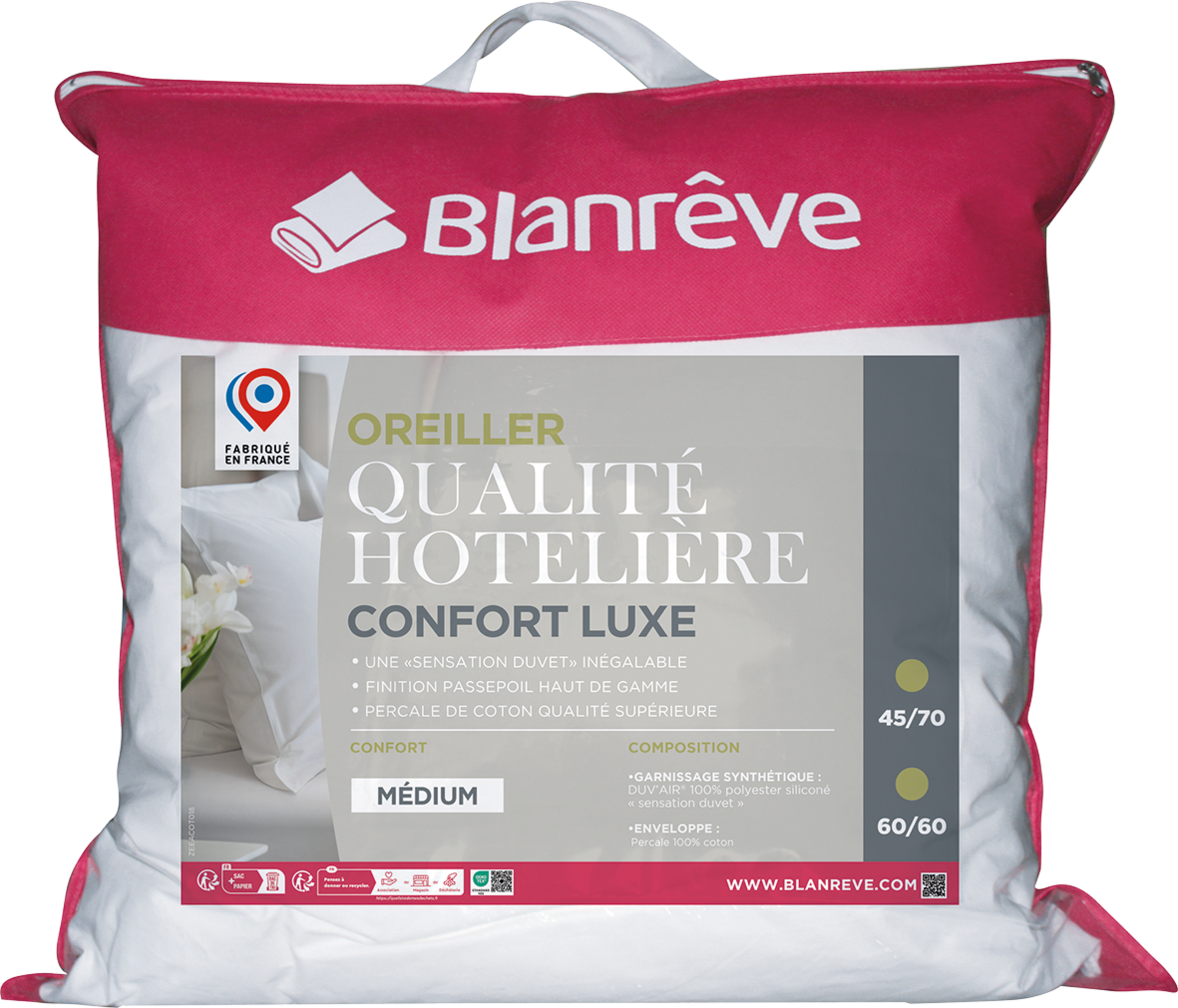 OREILLER QUALITÉ HÔTELIÈRE 60X60 CM OU 45X70 CM