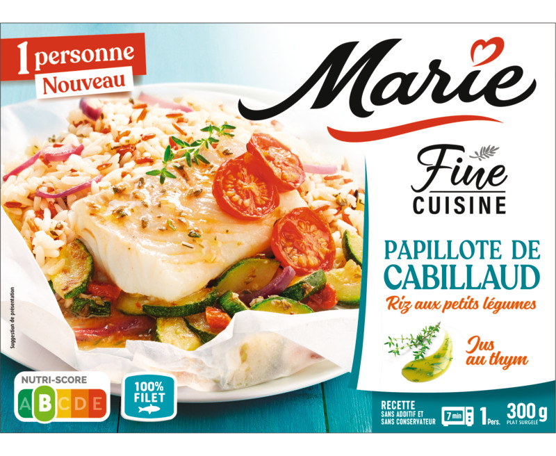 MARIE PAPILLOTE DE CABILLAUD RIZ ET PETITS LEGUMES DE CABILLAUD RIZ ET PETITS LEGUMES MARIE code EAN 3248830000495 