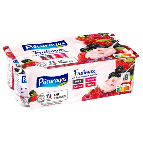 PÂTURAGES FRUTIMAX AUX BONS MORCEAUX DE FRUITS MÛRE, FRAMBOISE, CERISE, FRAISE
 code EAN 3250390348160 