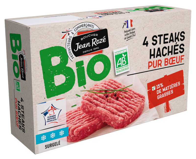 Bio Jean Rozé 4 STEAKS HACHÉS PUR BŒUF BIO SURGELÉS Bio Jean Rozé code EAN 3250391499120 
