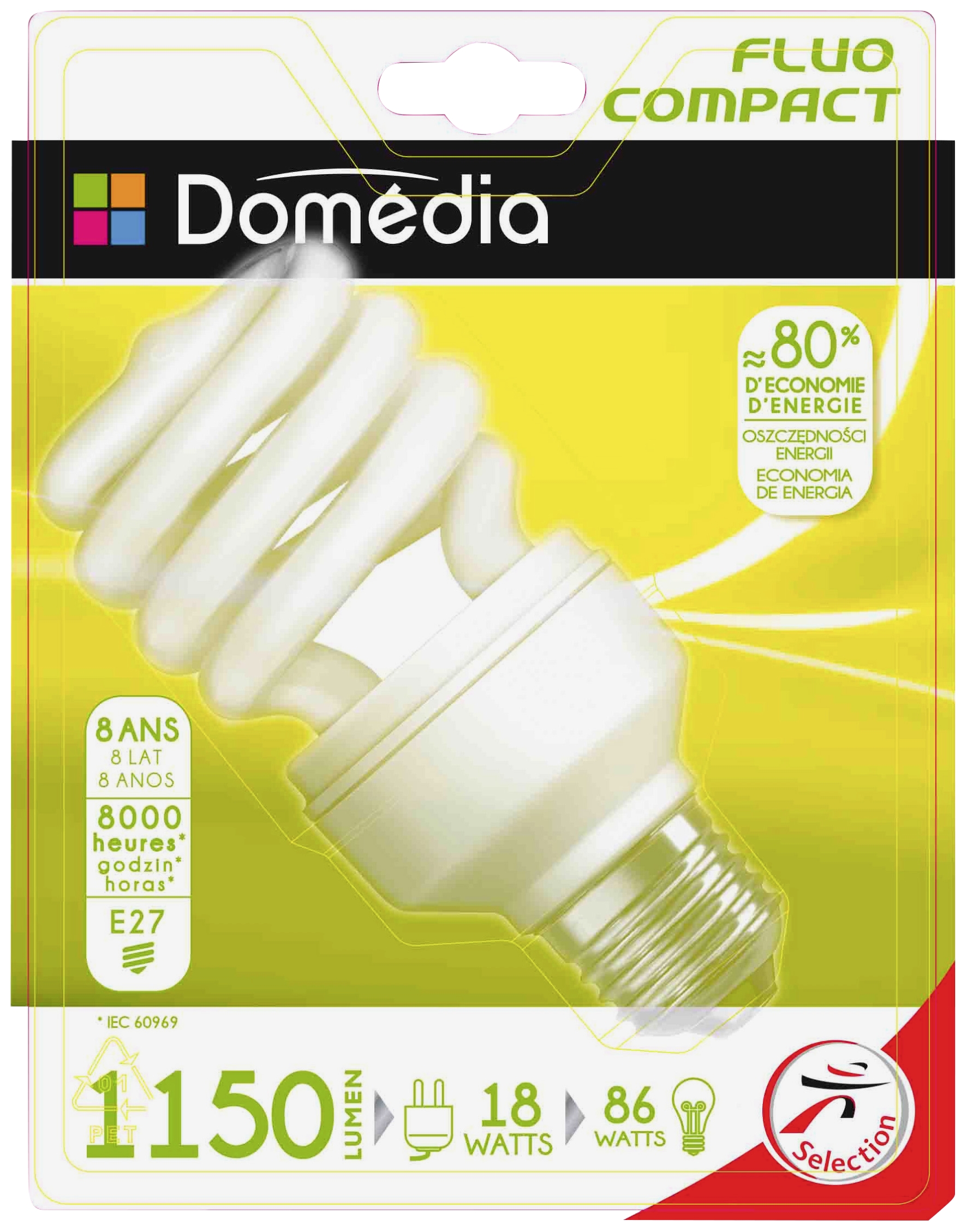Ampoule fluocompacte spirale 18 W E27 Domedia