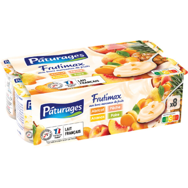 PÂTURAGES FRUTIMAX AUX BONS MORCEAUX DE FRUITS ABRICOT, PÊCHE, ANANAS ET POIRE
 code EAN 3250391969098 