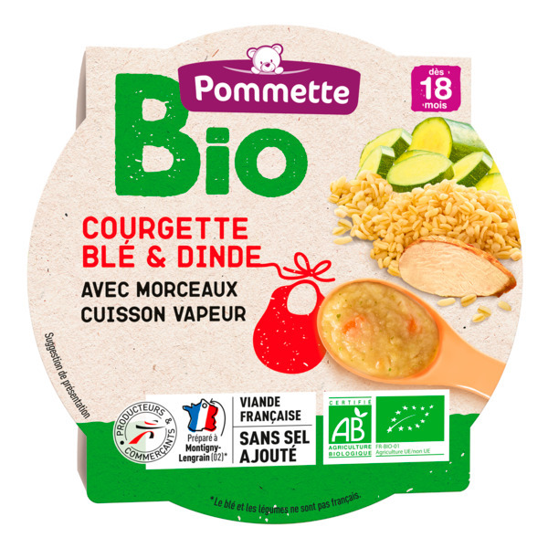 ASSIETTE AVEC MORCEAUX COURGETTE BLÉ & DINDE
