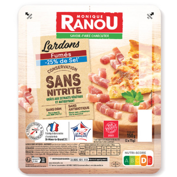 MONIQUE RANOU LARDONS FUMES TAUX DE SEL REDUIT CONSERVATION SANS NITRITE SANS OGM  
MONIQUE RANOU code EAN 3250392196400 