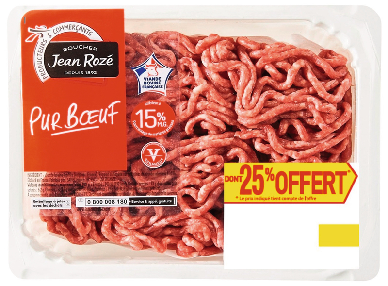 VIANDE BOVINE : HACHE VRAC 15% MAT.GR Jean Rozé
