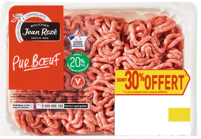VIANDE BOVINE : HACHÉ VRAC 20% MAT.GR Jean Rozé