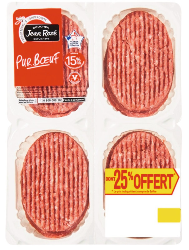 VIANDE BOVINE : 8 STEAKS HACHES 15% MAT.GR Jean Rozé 3250392438517 Jean Rozé VIANDE BOVINE : 8 STEAKS HACHES 15% MAT.GR Jean Rozé 3250392438517 Jean Rozé
