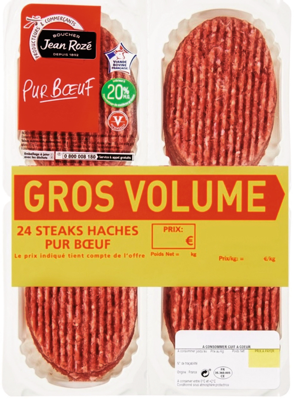 VIANDE BOVINE : 24 STEAKS HACHES 20% MAT.GR Jean Rozé 3250392495213 Jean Rozé VIANDE BOVINE : 24 STEAKS HACHES 20% MAT.GR Jean Rozé 3250392495213 Jean Rozé