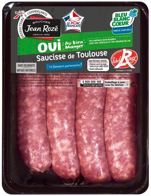 4 SAUCISSES DE TOULOUSE LABEL ROUGE BLEU BLANC ...