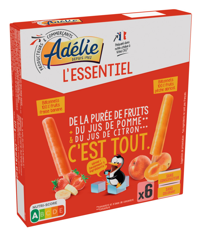 Adélie L'Essentiel BÂTONNETS 100% FRUITS FRAISE BANANE ET PÊCHE ABRICOT SURGELÉS Adélie L'Essentiel 3250392746865 (3250392746865)