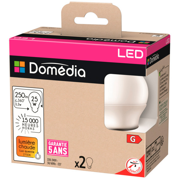LOT DE 2 AMPOULES LED SPHÉRIQUE 25W E27 DÉPOLIE 
