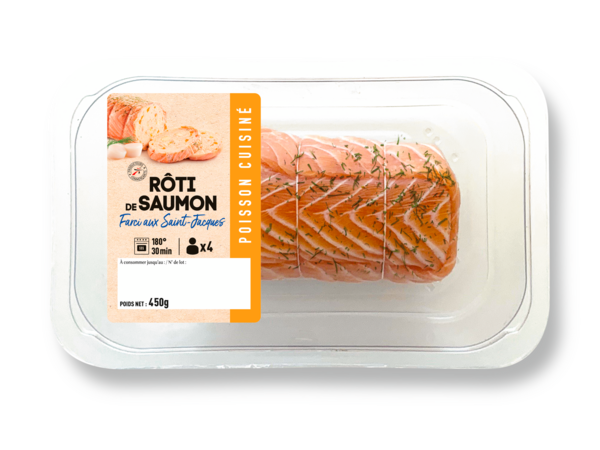 RÔTI DE SAUMON AUX CREVETTES, LÉGUMES ET VIN BL...