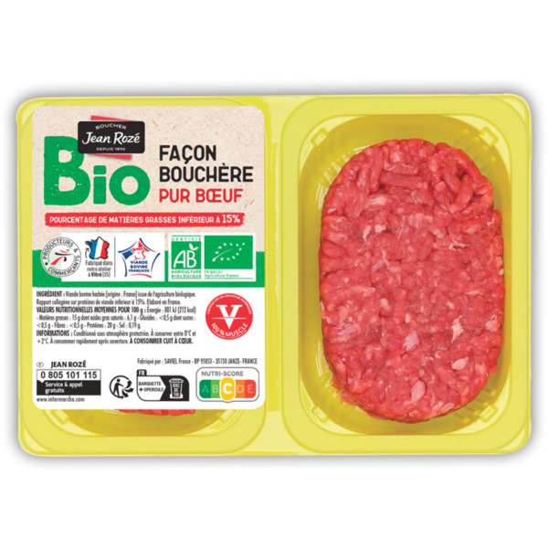 VIANDE BOVINE : 2 STEAKS HACHES BIO 15% MAT.GR 
