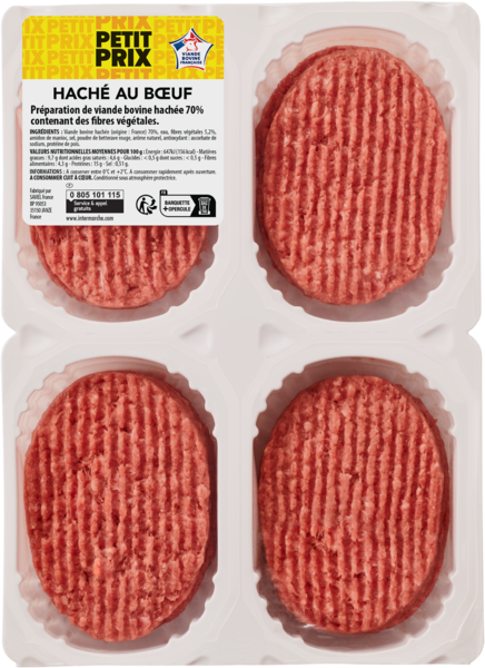 PETIT PRIX 8 HACHÉS AU BŒUF 15% MG : PRÉPARATION DE VIANDE BOVINE HACHÉE (70%) AVEC FIBRES VÉGÉTALES 
 code EAN 3250393467714 