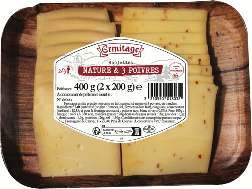 ERMITAGE RACLETTE NATURE ET 3 POIVRES 28% MAT. GR. code EAN 3250550018032 