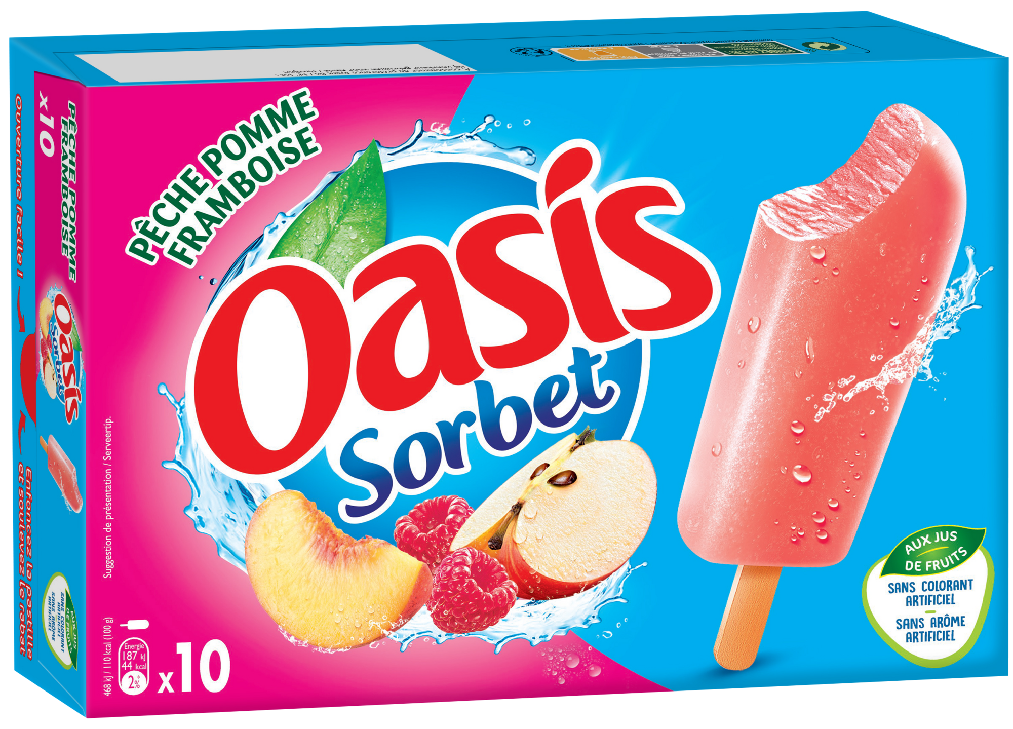 OASIS 10 bâtonnets glacés pêche pomme framboise code EAN 3251510551002 