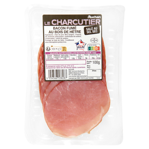  Bacon Tranché Auchan Le Charcutier code EAN 3254566538287 
