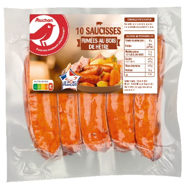  10 Saucisses Fumées Demi-Sel Auchan code EAN 3254568635366 