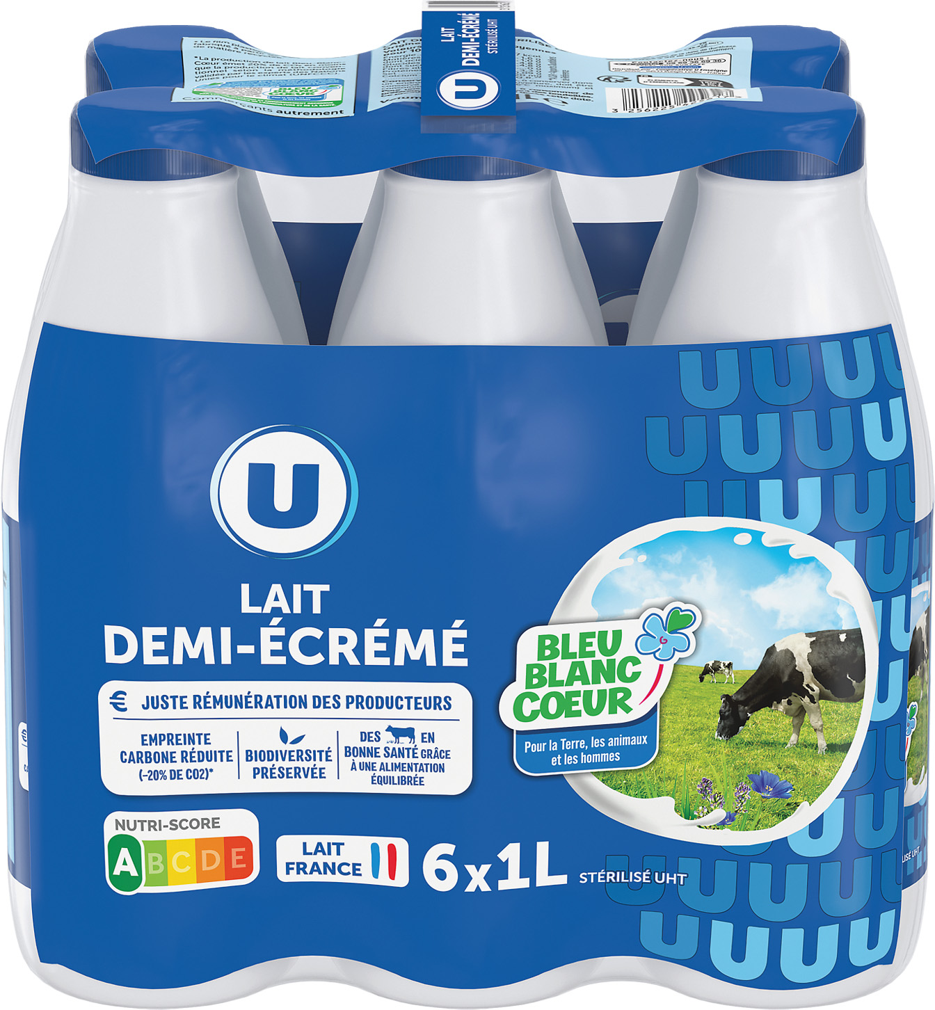  LAIT STERILISE UHT DEMI-ECREME BLEU BLANC COEUR U code EAN 3256225425617 