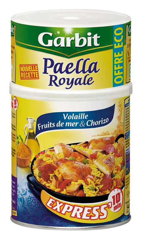 GARBIT PAËLLA ROYALE VOLAILLE FRUITS DE MER ET CHORIZO GARBIT code EAN 3261053400514 