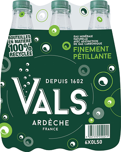 VALS EAU MINÉRALE NATURELLE 
AVEC ADJONCTION DE GAZ CARBONIQUE FINEMENT 
PÉTILLANTE code EAN 3267370050241 