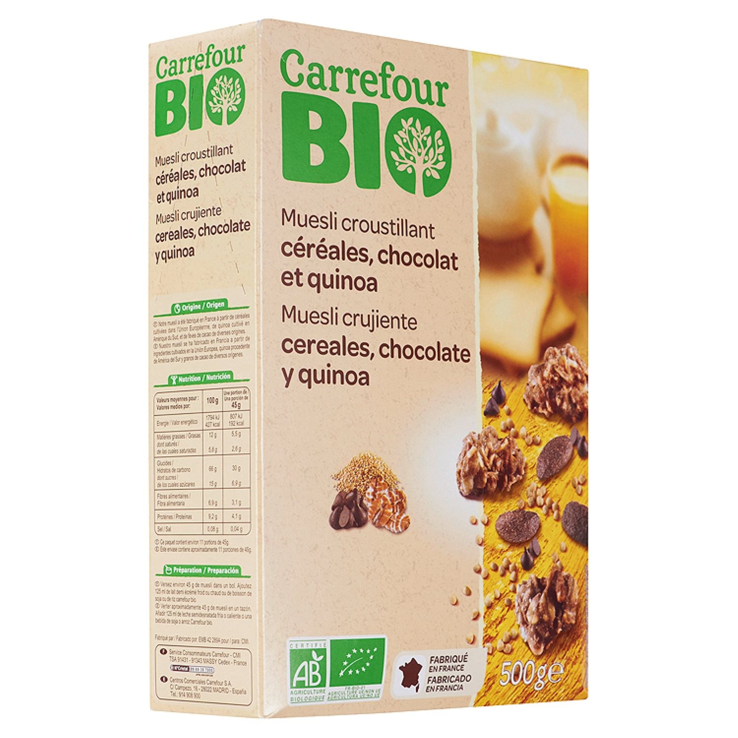  Céréales muesli chocolat et quinoa bio CARREFOUR BIO  3270190198611