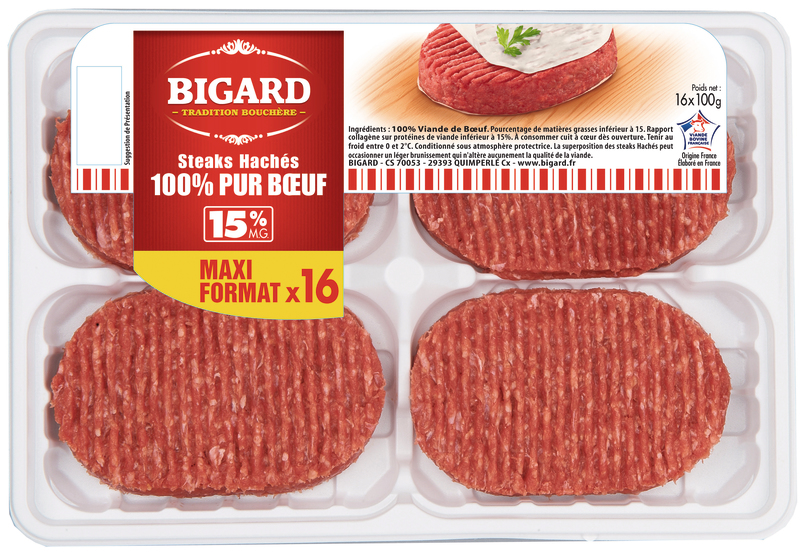 VIANDE BOVINE : 16 STEAKS HACHES 15% DE MAT.GR ...