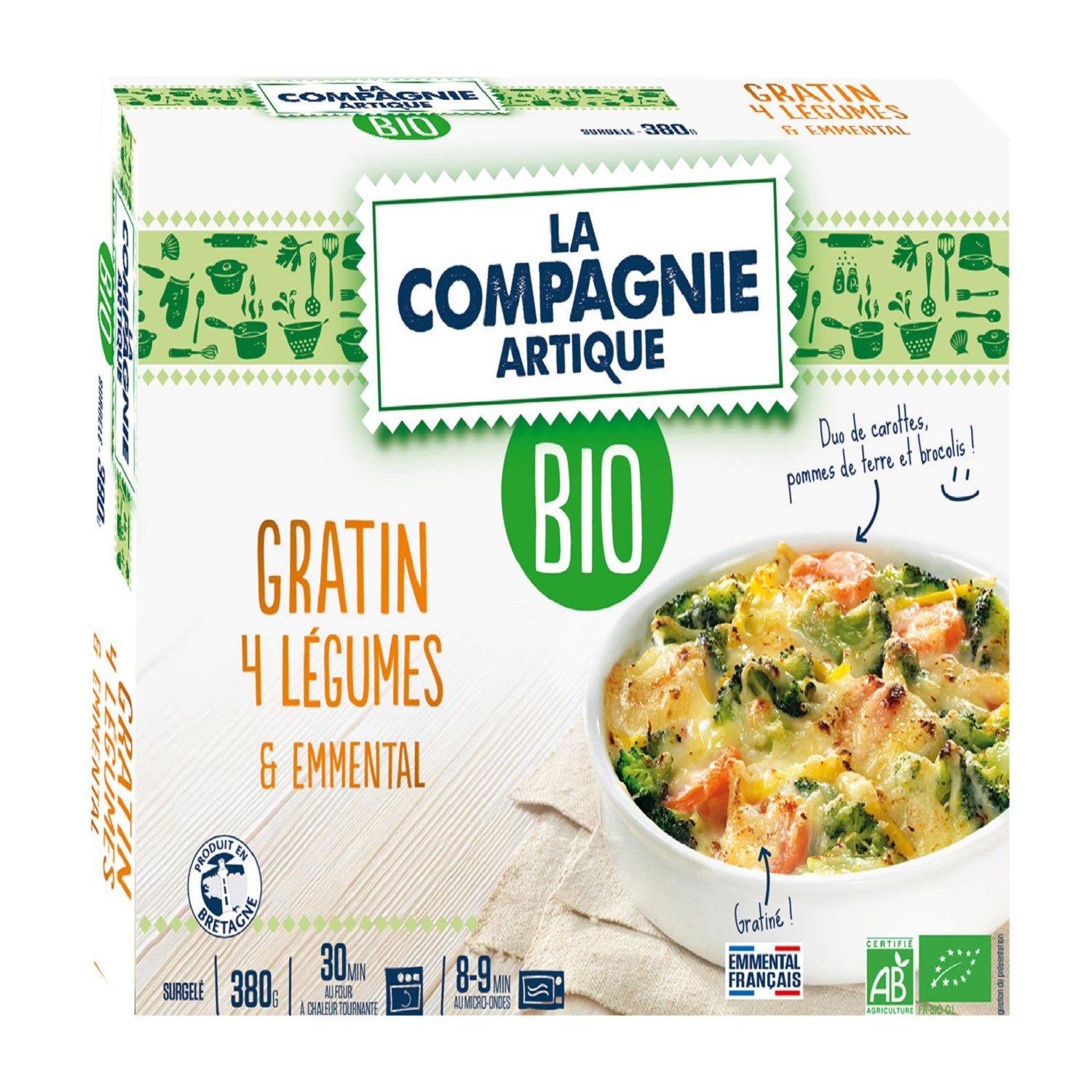 COMPAGNIE ARTIQUE Plat cuisiné bio Gratin 4 légumes emmental LA COMPAGNIE ARTIQUE code EAN 3289476000012 