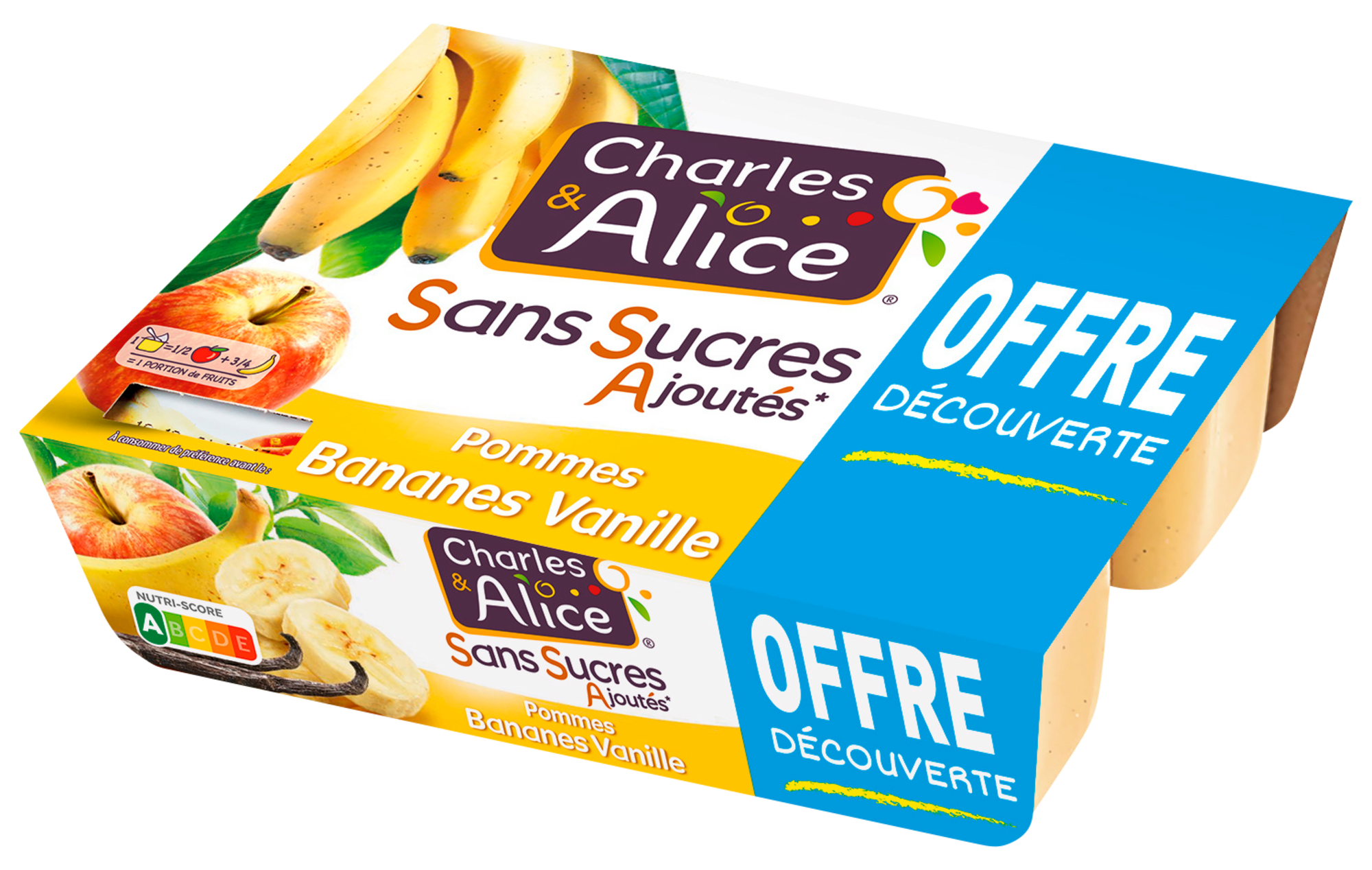 CHARLES ET ALICE Compotes Sans sucres ajoutés Pommes Bananes Vanille Offre découverte code EAN 3297760098652 