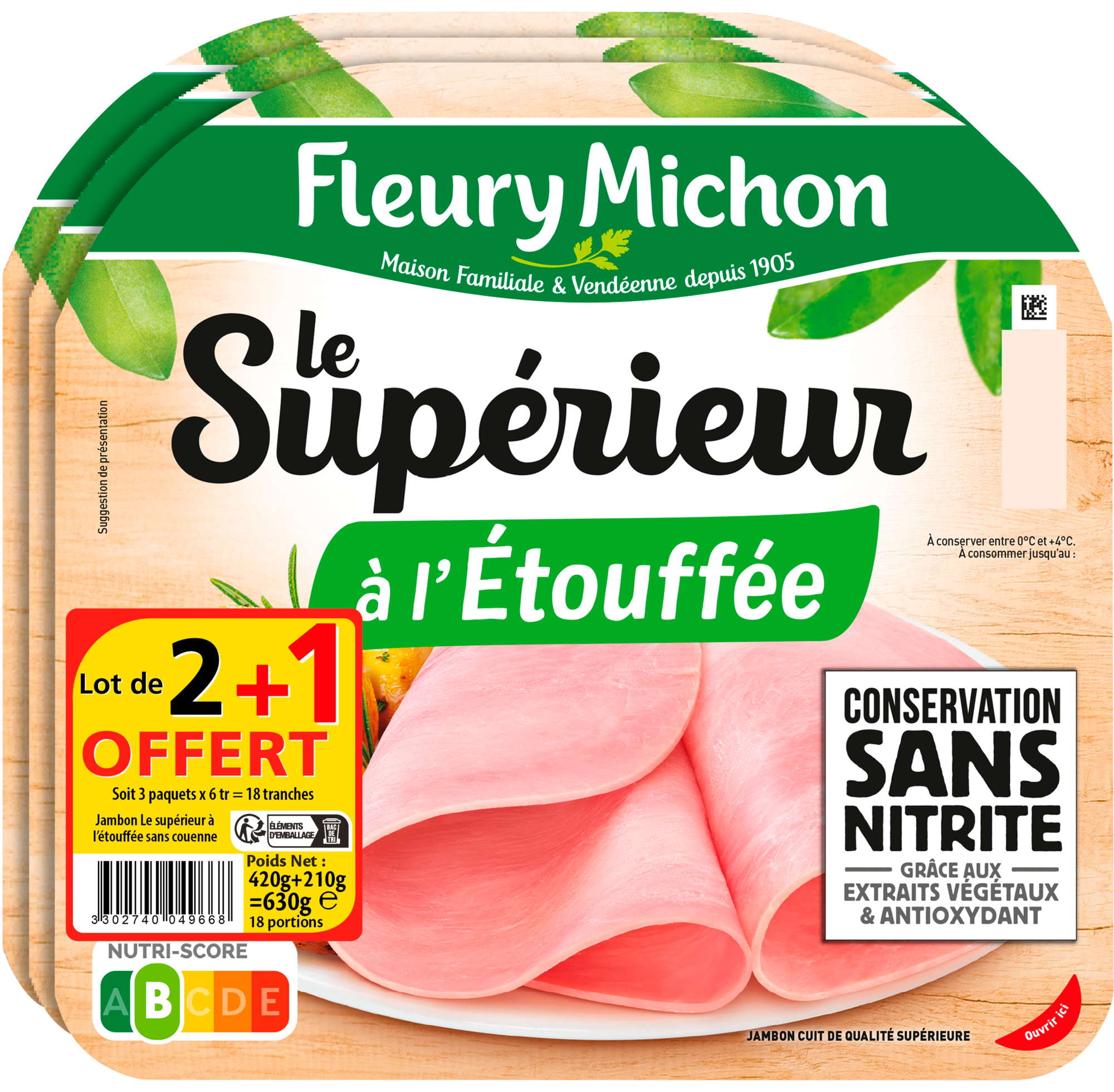 FLEURY MICHON Jambon le supérieur à l'étouffée  code EAN 3302740049668 