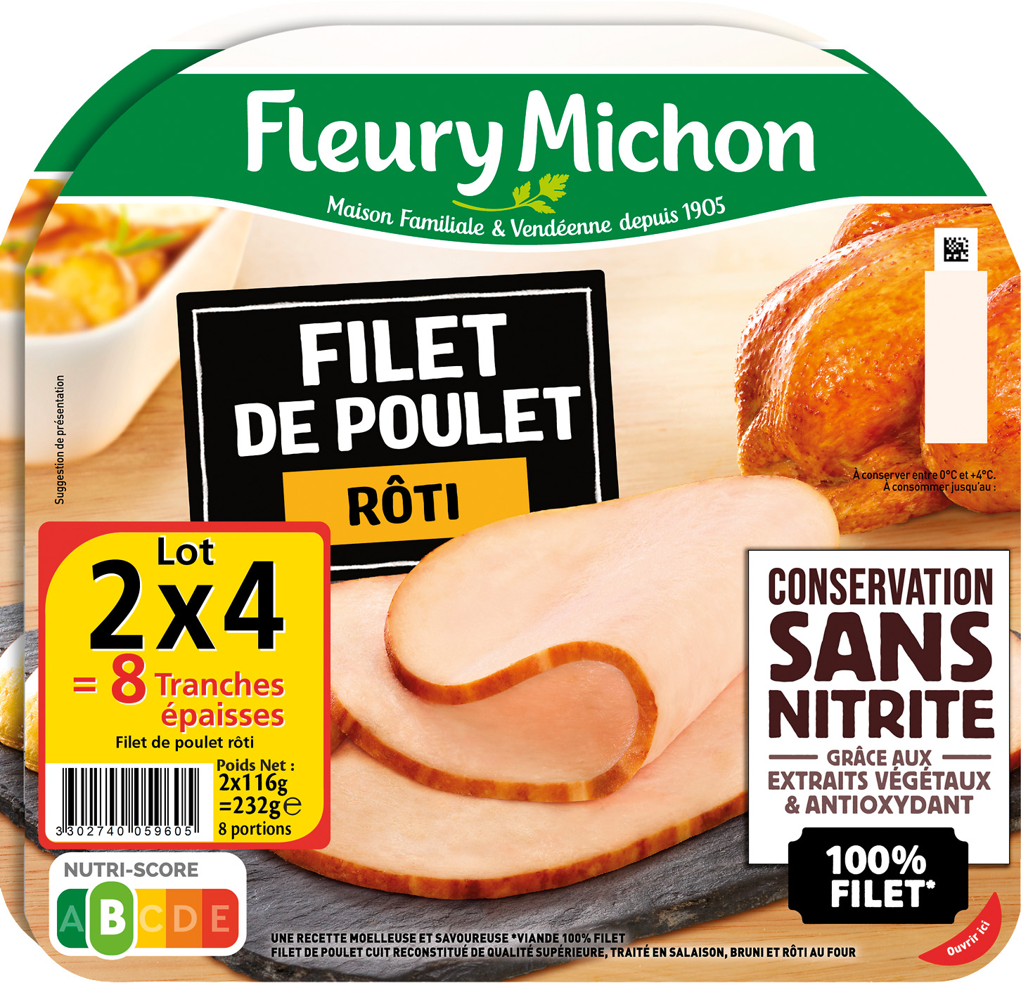  FILET DE POULET ROTI CONSERVATION SANS NITRITE FLEURY MICHON code EAN 3302740059605 