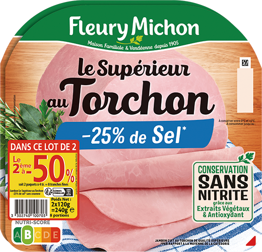 FLEURY MICHON JAMBON CUIT AU TORCHON - 25% DE SEL code EAN 3302740100703 