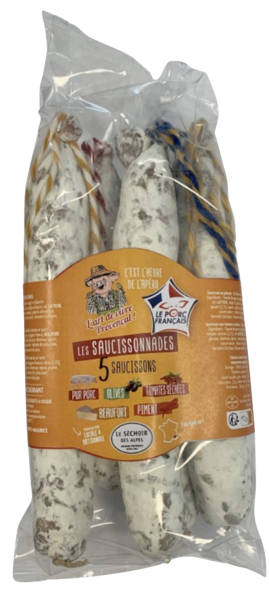 LOT DE 5 SAUCISSONS PUR PORC, BEAUFORT, OLIVES, PIMENT ET TOMATES SÉCHÉES
 3303820501922 SÉCHOIR DES ALPES