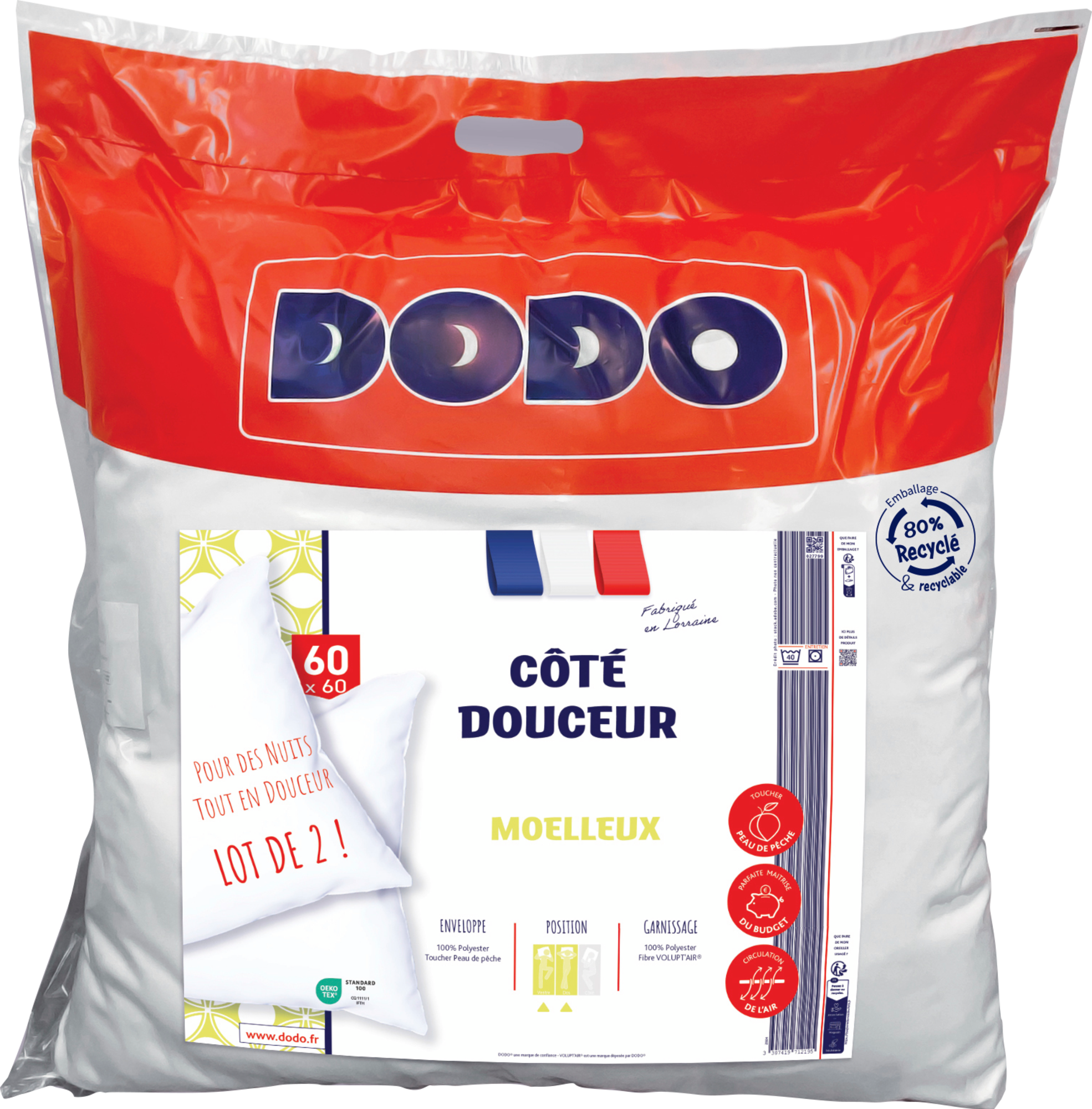 LOT DE 2 OREILLERS CÔTÉ DOUCEUR 60X60 CM