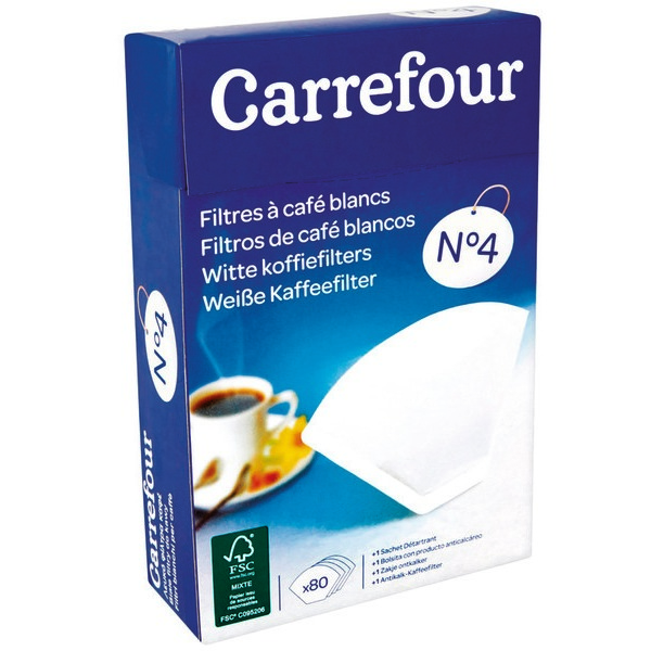 80 FILTRES À CAFÉ BLANCS N°4 CARREFOUR À 0,68 €...