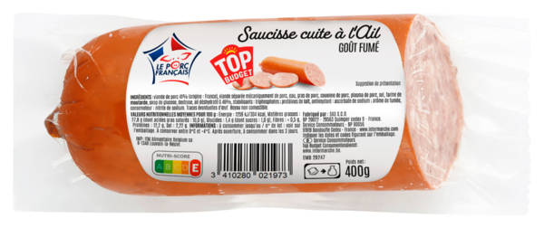 TOP BUDGET SAUCISSE CUITE A L'AIL FUMÉ
TOP BUDGET code EAN 3410280021973 
