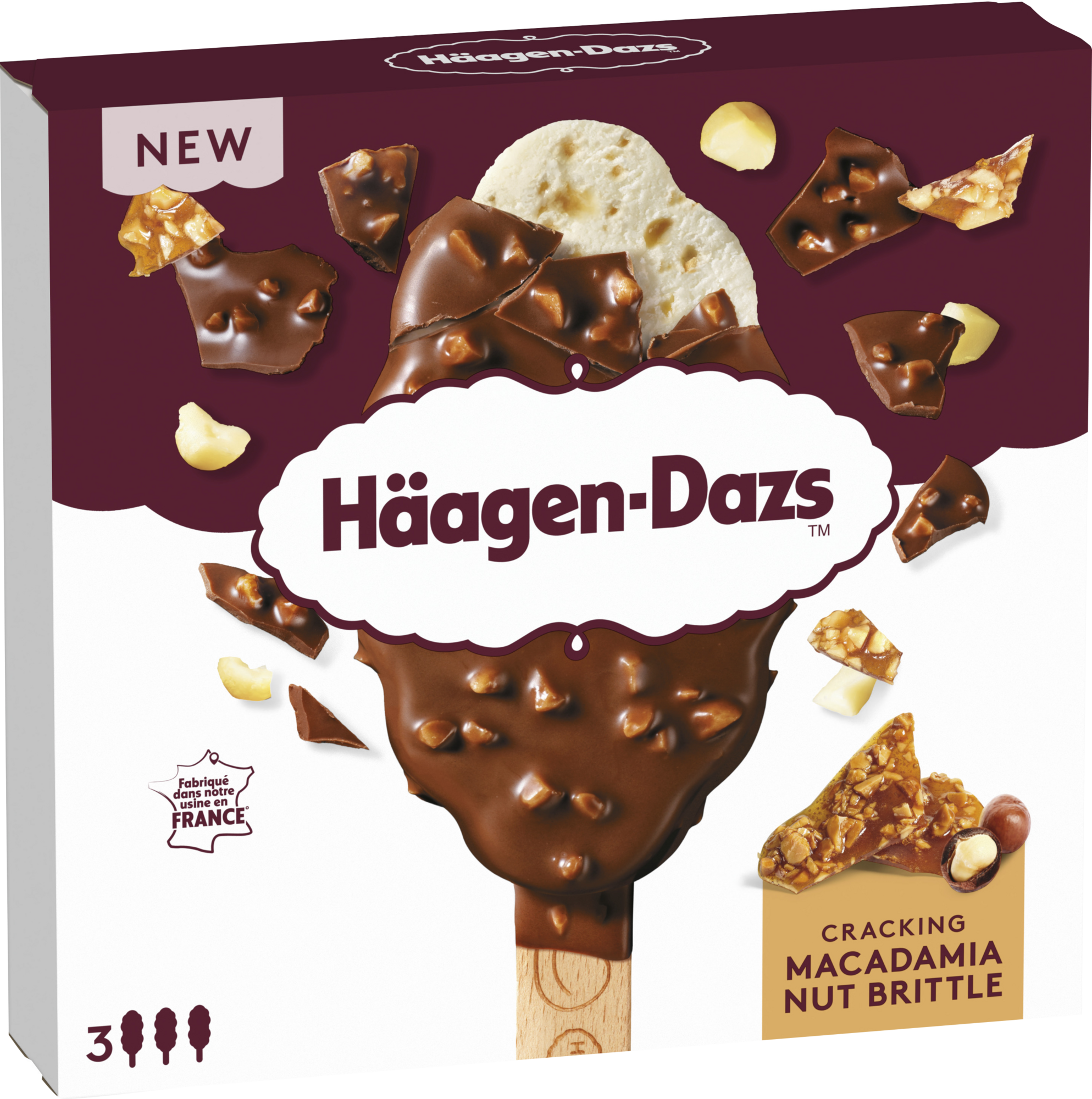 HÄAGEN-DAZS 3 bâtonnets glacés Cracking Macadamia Nut Brittle code EAN 3415587541018 