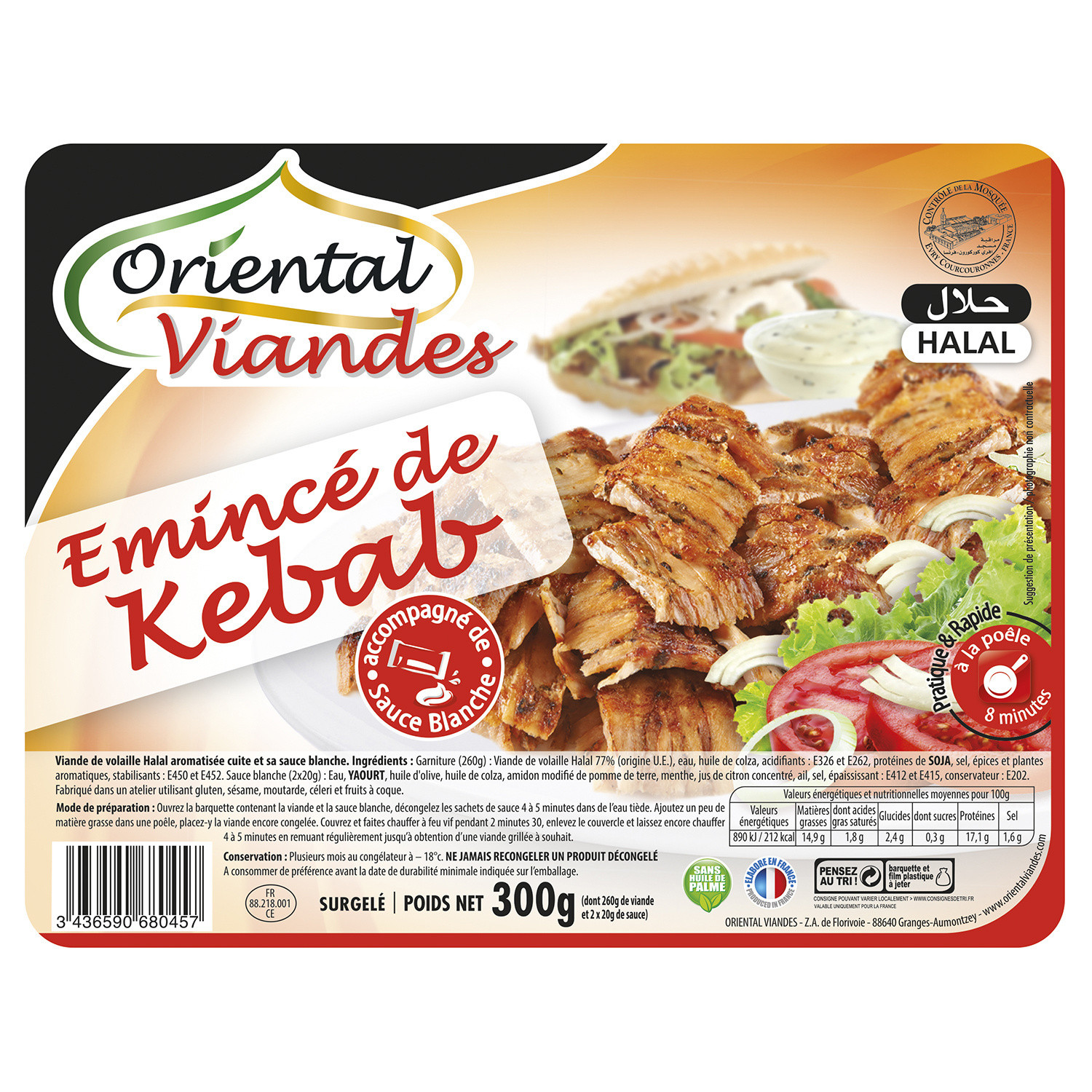  Plats cuisinés halal kebab/sauce blanche ORIENTAL VIANDES code EAN 3436590680457 
