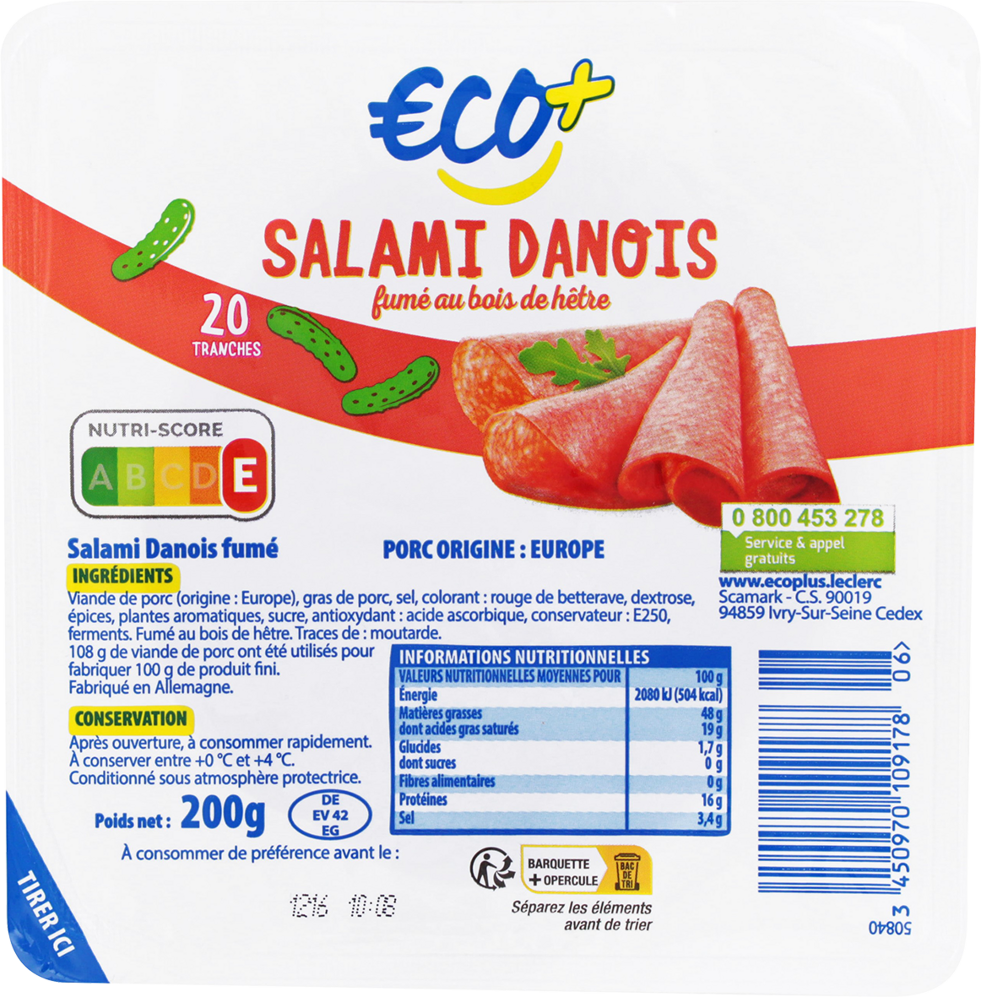 ECO+ SALAMI DANOIS FUMÉ  code EAN 3450970109178 