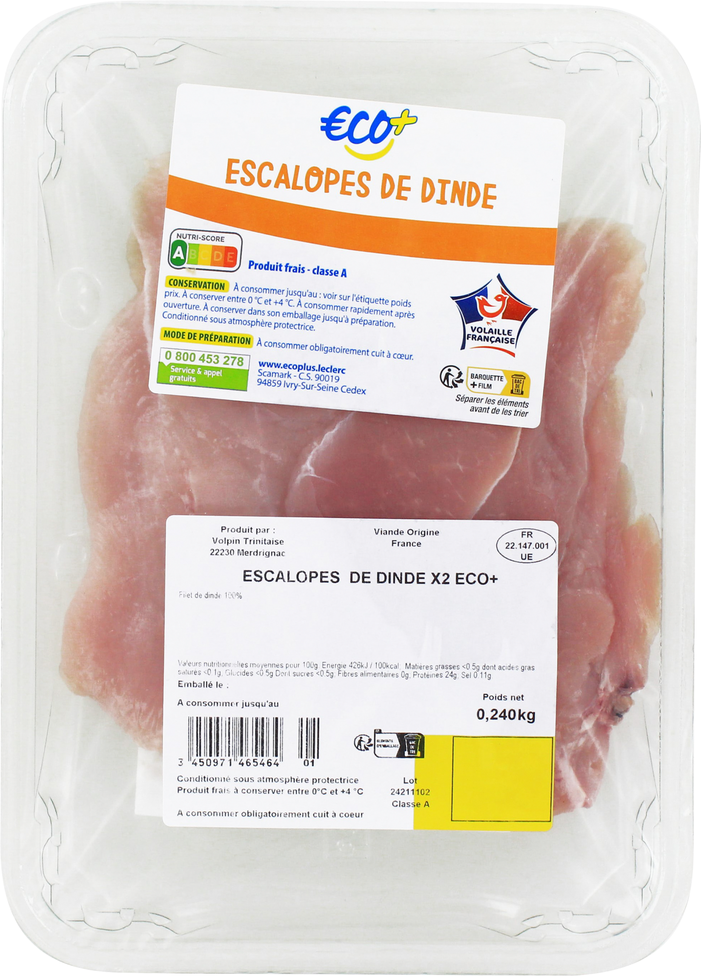 ECO+ 2 ESCALOPES DE DINDE code EAN 3450971465464 