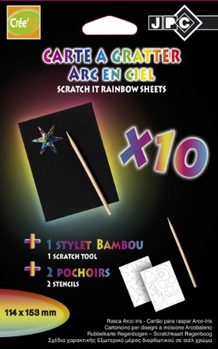 JPC Pqt 10 cartes à gratter arc en ciel format 10x15cm avec 2 pochoirs et stylet bambou code EAN 3457706630456 