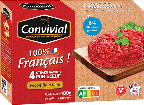 CONVIVIAL 4 STEAKS HACHÉS 
PUR BœUF 
FAÇON BOUCHÈRE 
SURGELÉS
5% Mat.Gr. code EAN 3463490002133 