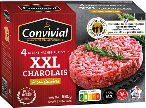 CONVIVIAL STEAKS HACHÉS PUR BŒUF XXL CHAROLAIS 15% MAT.GR. SURGELÉS code EAN 3463490004908 