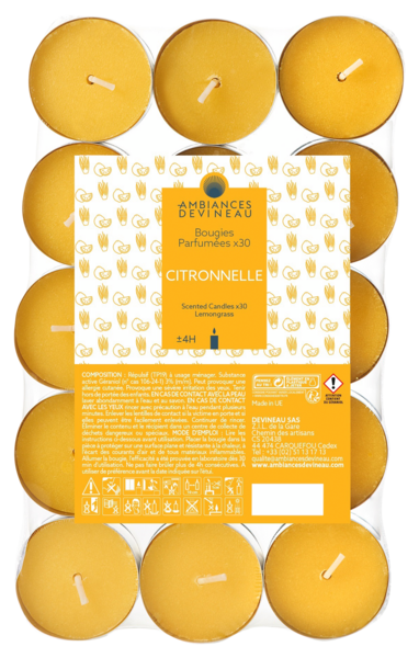 AMBIANCES DEVINEAU 30 BOUGIES PARFUMÉES CITRONNELLE  
AMBIANCES DEVINEAU code EAN 3482356668009 