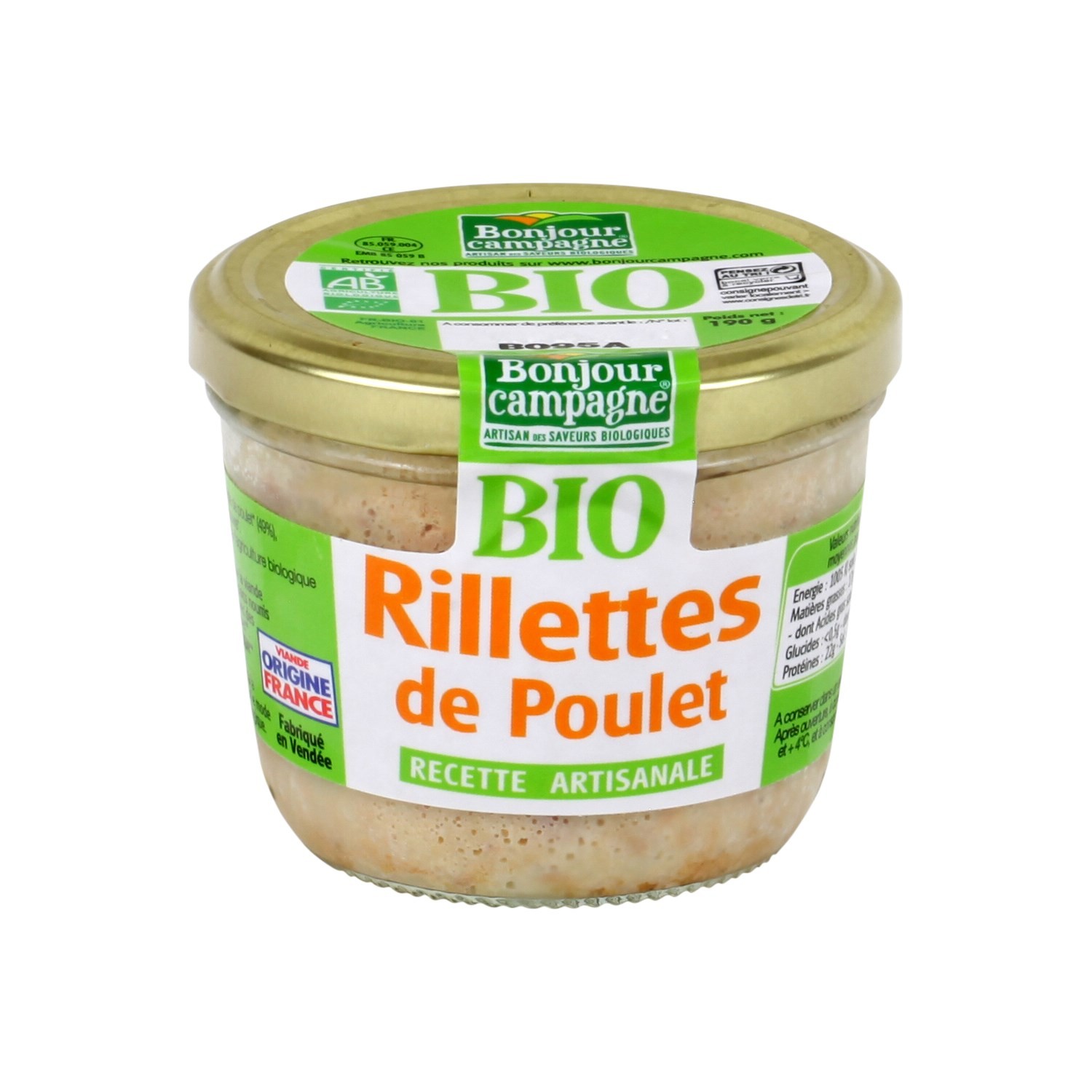 Rillettes bio de poulet BONJOUR CAMPAGNE 3483190001335 BONJOUR CAMPAGNE Rillettes bio de poulet BONJOUR CAMPAGNE 3483190001335 BONJOUR CAMPAGNE