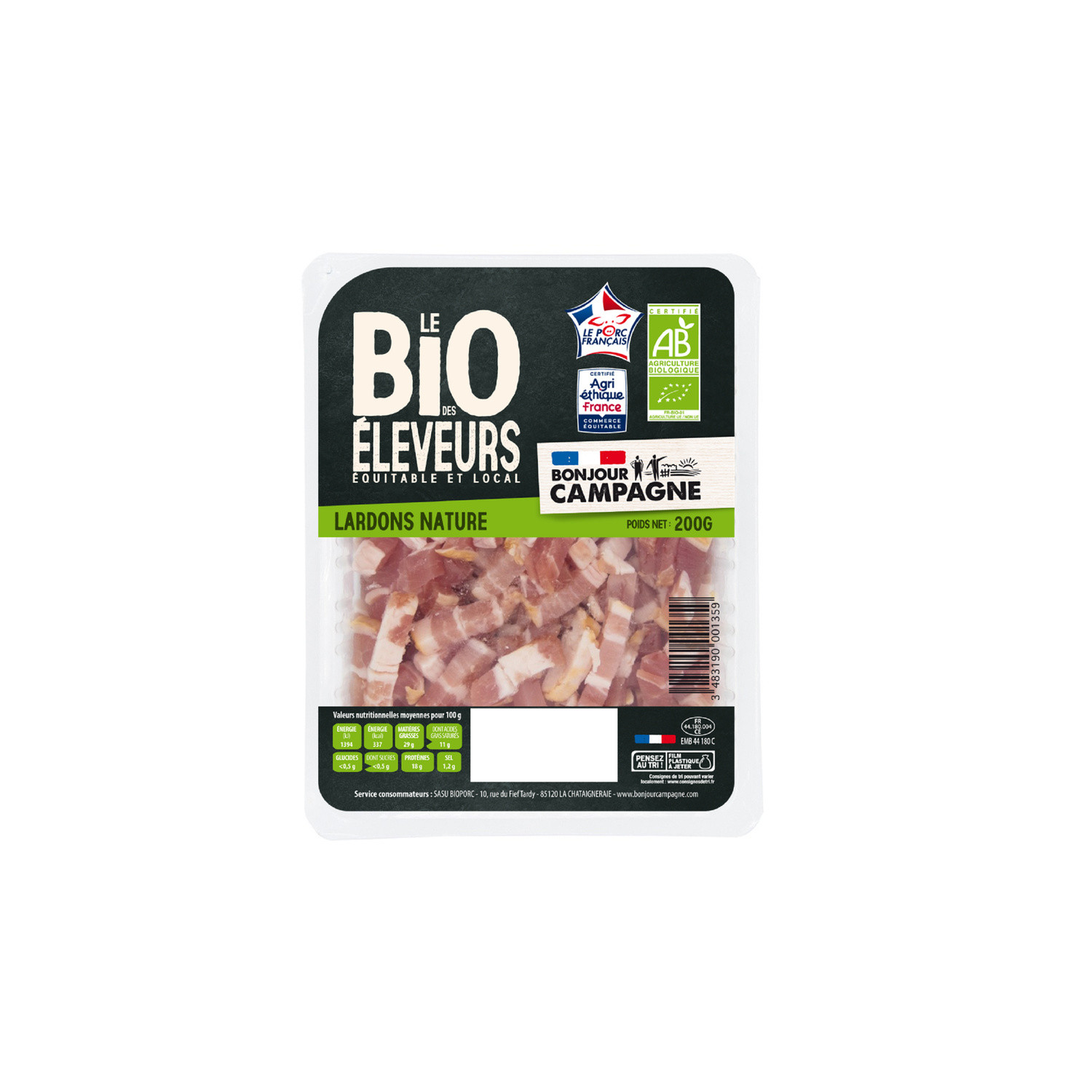BONJOUR CAMPAGNE Lardons nature bio BONJOUR CAMPAGNE code EAN 3483190001359 