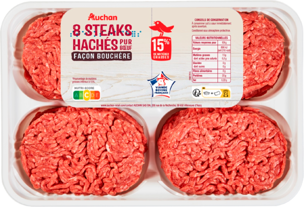  8 Steaks Hachés Pur Bœuf Façon Bouchère Auchan code EAN 3505625000956 