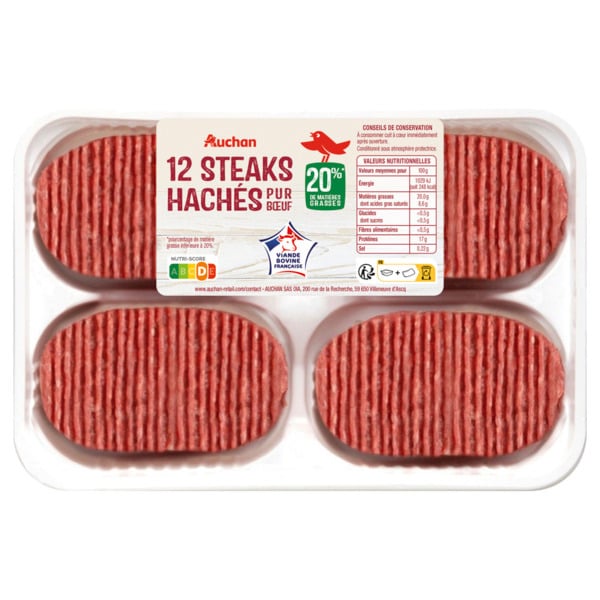  12 Steaks Hachés Pur Bœuf Auchan code EAN 3505625000994 