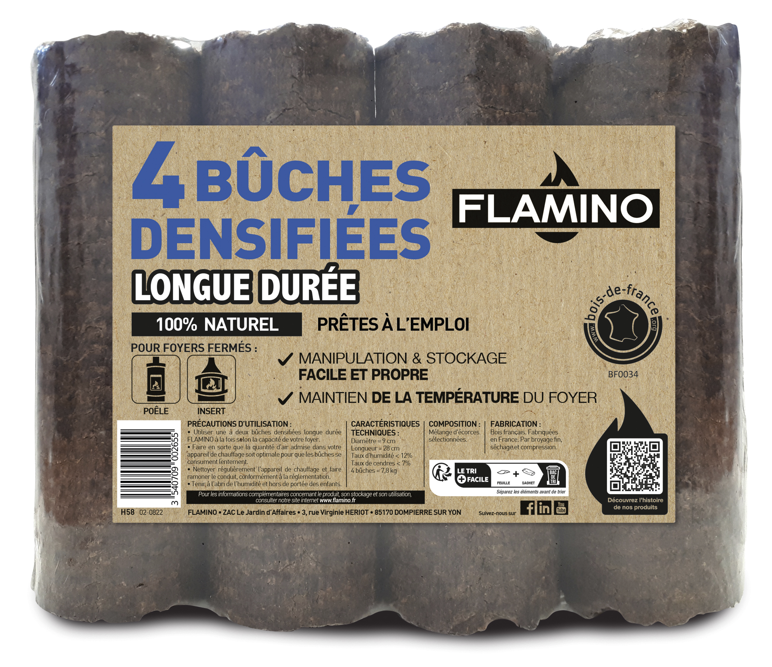  BÛCHES DENSIFIÉES LONGUE DURÉE X4 code EAN 3540709002655 